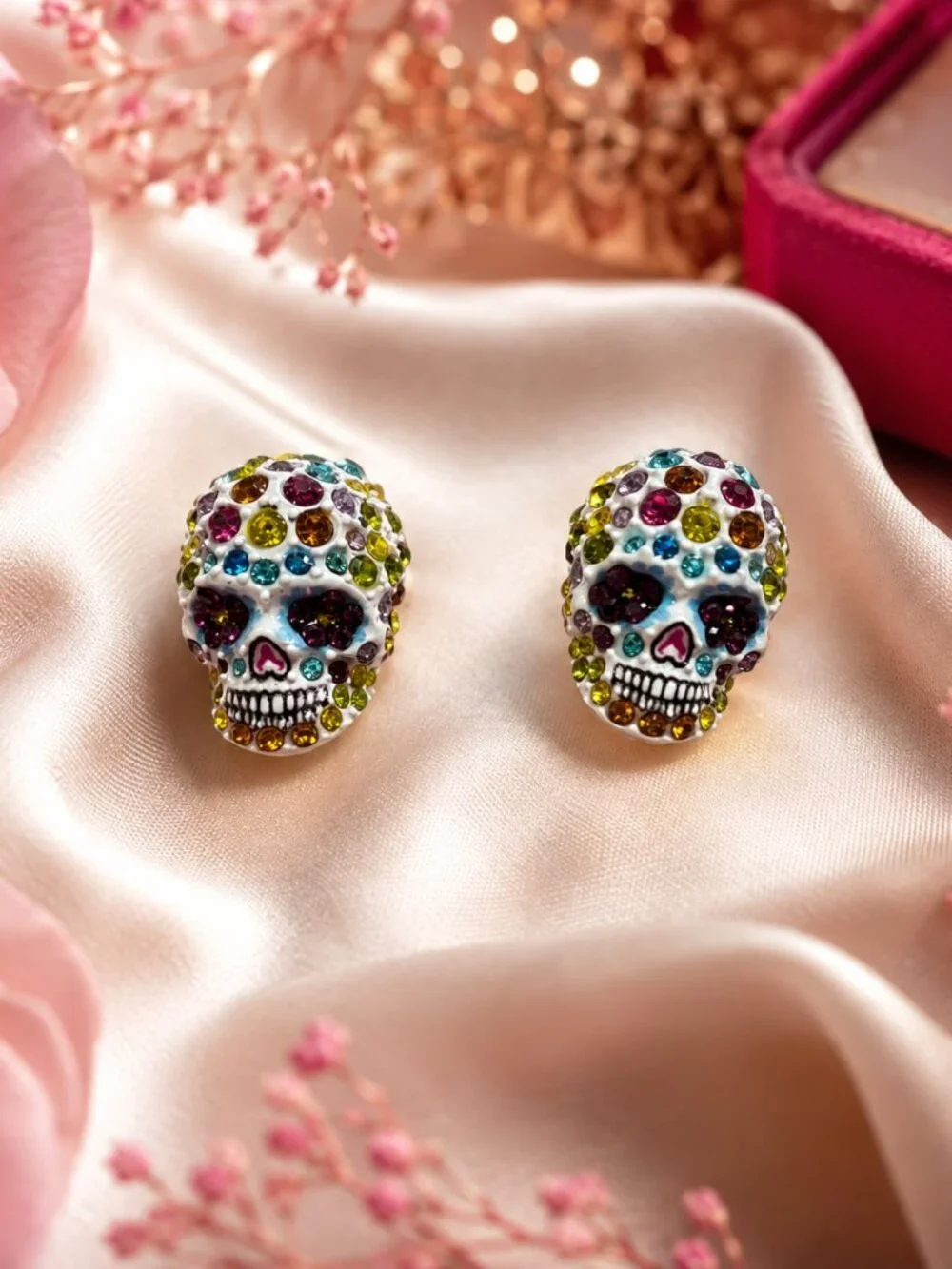 Betsey Johnson White Enamel & Multi Color Crystal Sugar Skull Stud Earrings NIB